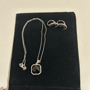 Jewelry Set: Pendant Necklace + Earrings of onyx, moissanite, sterling silver